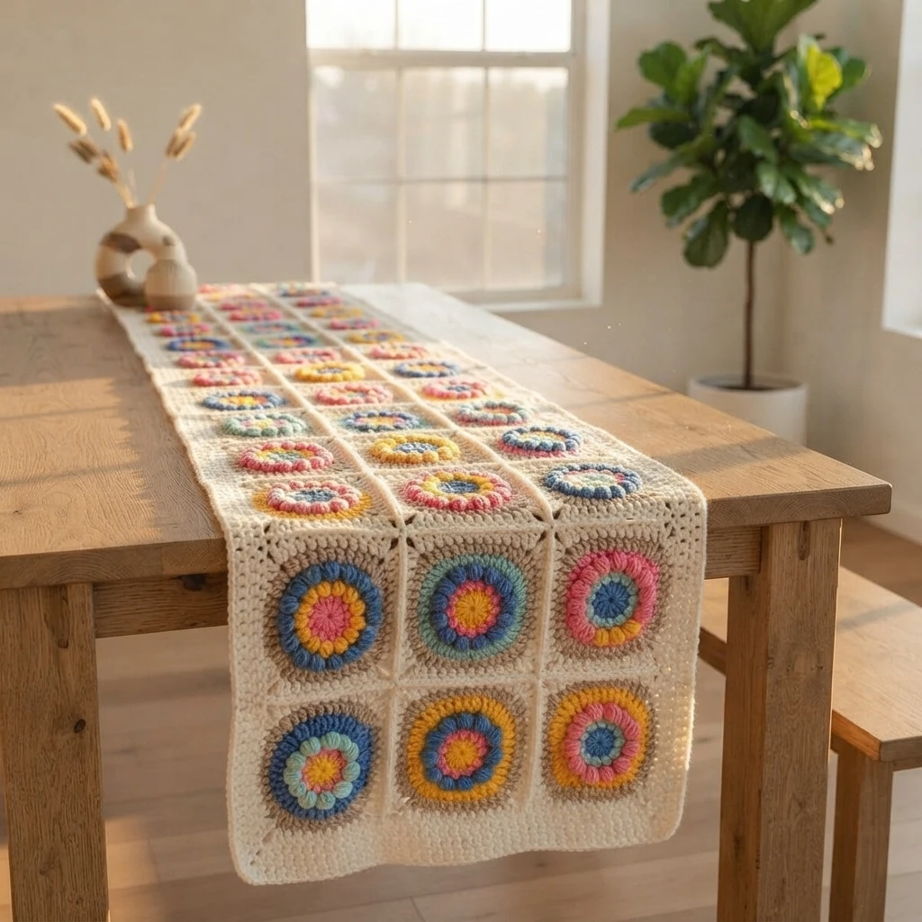 Crochet table runner made of cream granny squares with colorful circular flower motifs, laid along a wooden dining table beside a window, a vase with dried stems and a potted plant.