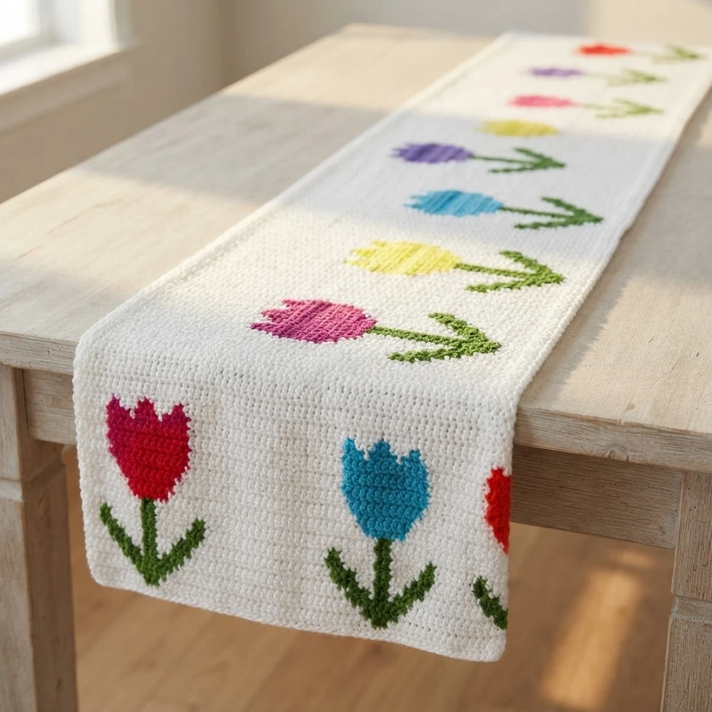 White crochet table runner with colorful tulip motifs and green stems draped along a light wooden table in a sunlit room.