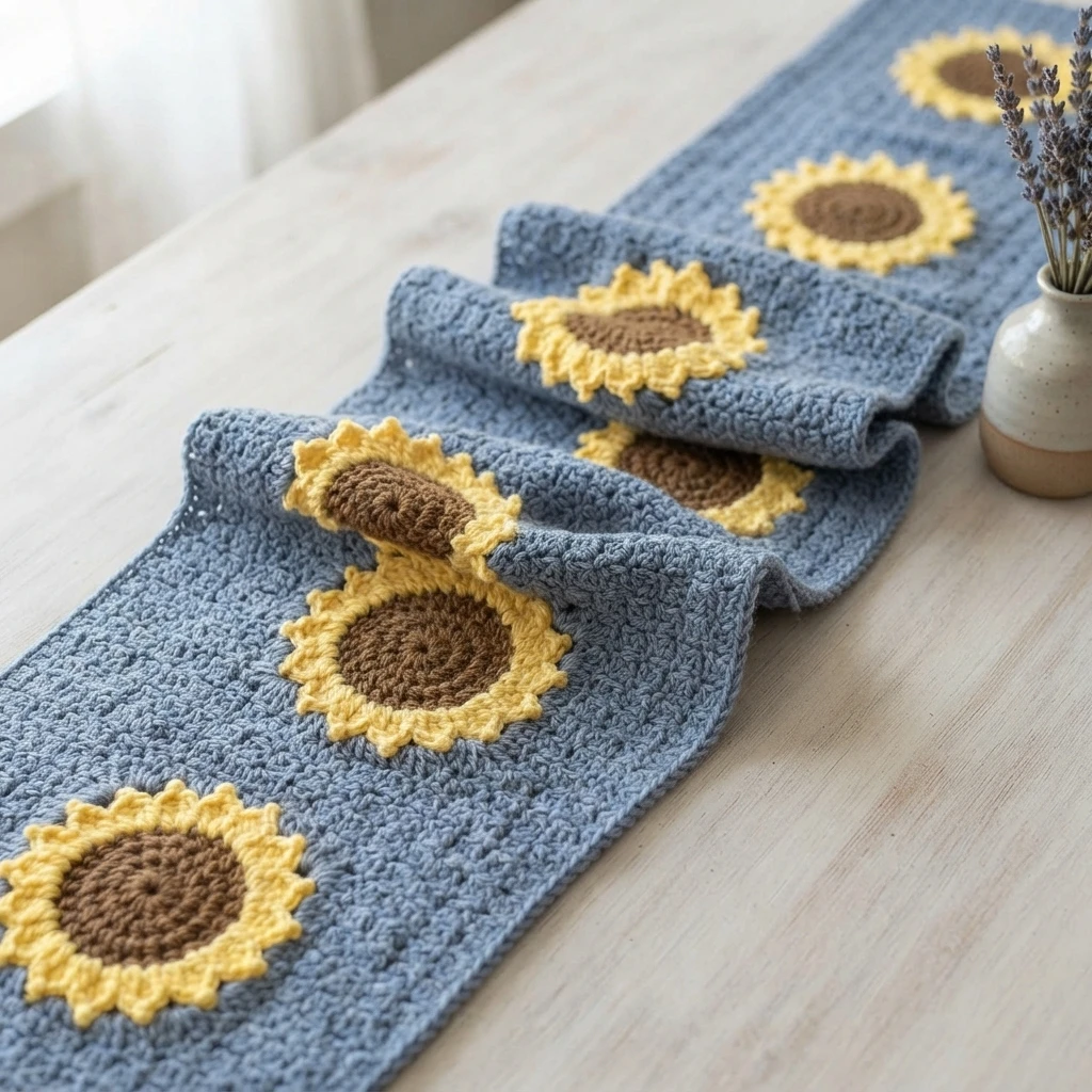 Folded blue crochet table runner with yellow and brown sunflower motifs arranged along a light wooden table, next to a small vase holding dried lavender.