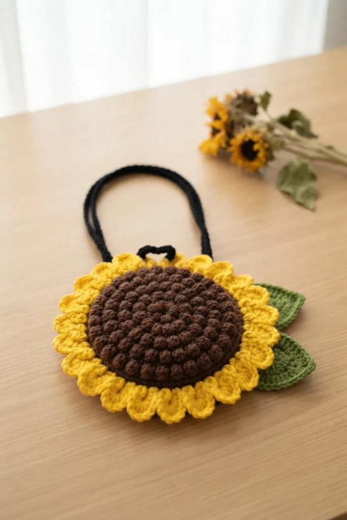 Crocheted sunflower bag with a raised brown center, yellow petals, green leaves and a black strap on a wooden table.