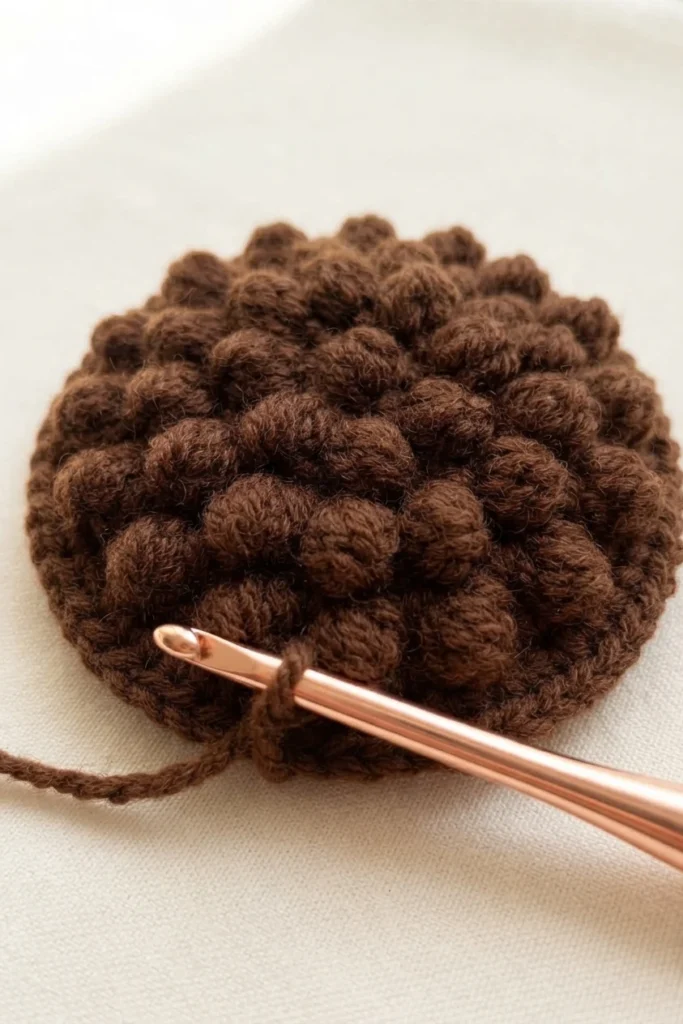 Brown crocheted circle with raised bobble stitches and a crochet hook.
