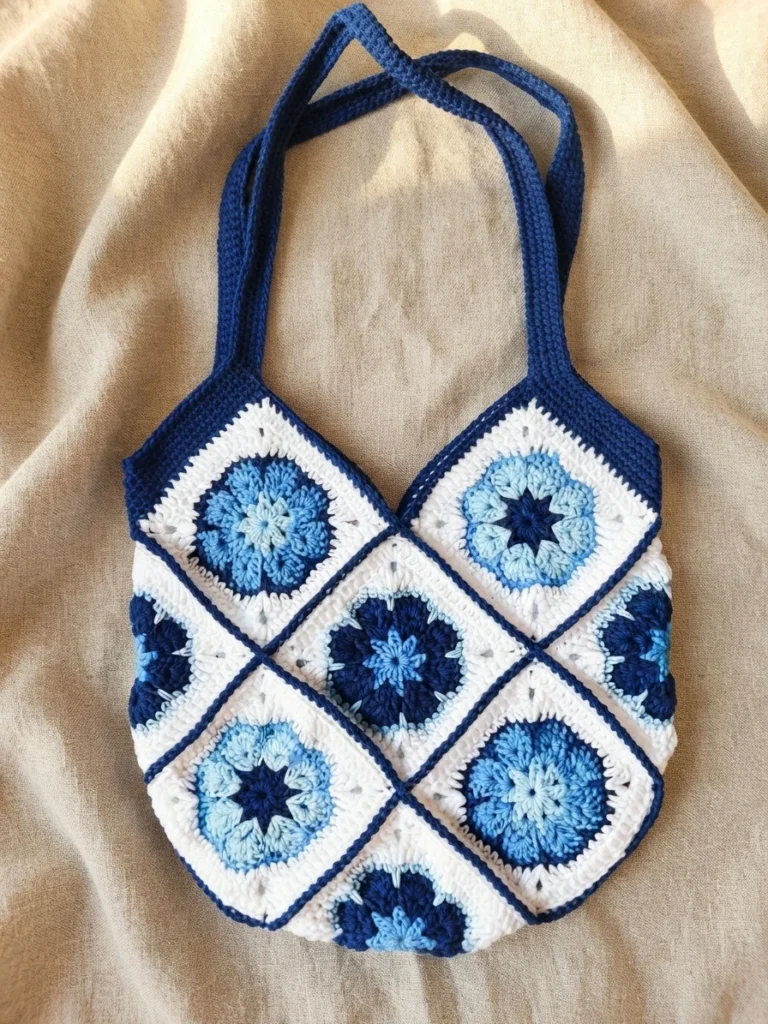 Blue-and-white crocheted tote bag made from floral square motifs, with dark blue straps.