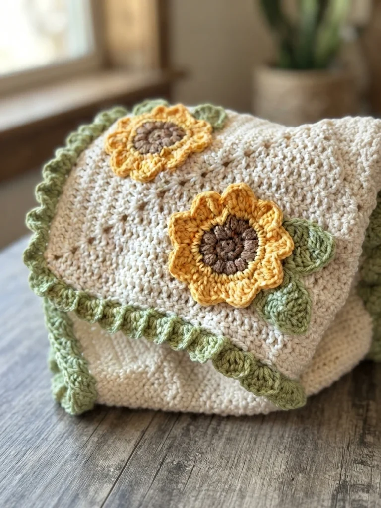 A folded cream crochet blanket with yellow sunflower motifs, green leaves, and a scalloped green border.