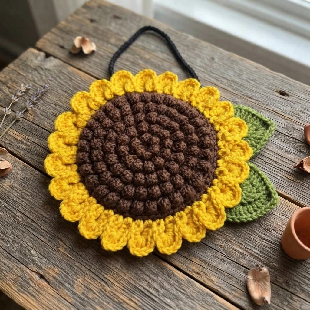 A crocheted sunflower bag with a raised brown center, yellow petals, two green leaves, and a black strap on a rustic wooden table.