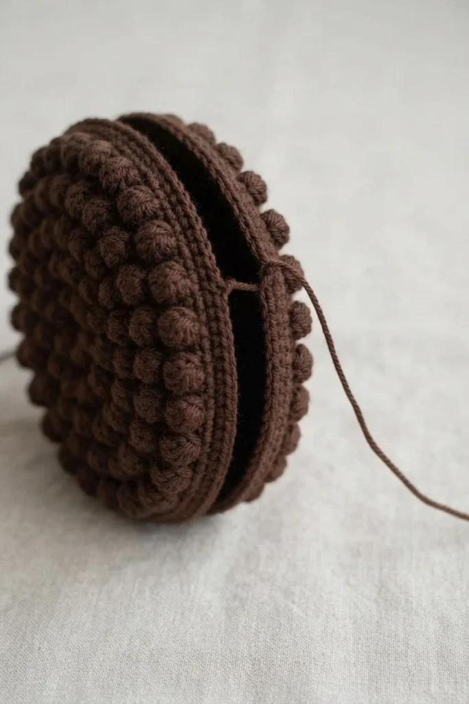Two textured brown crochet circles viewed from the side, partly joined with a strand of yarn.