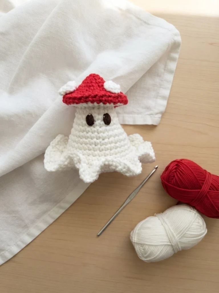 Crocheted white ghost with a red mushroom style cap, two white spots on the cap and black oval safety eyes, styled flat lay on white fabric next to a metal crochet hook and balls of red and white yarn.