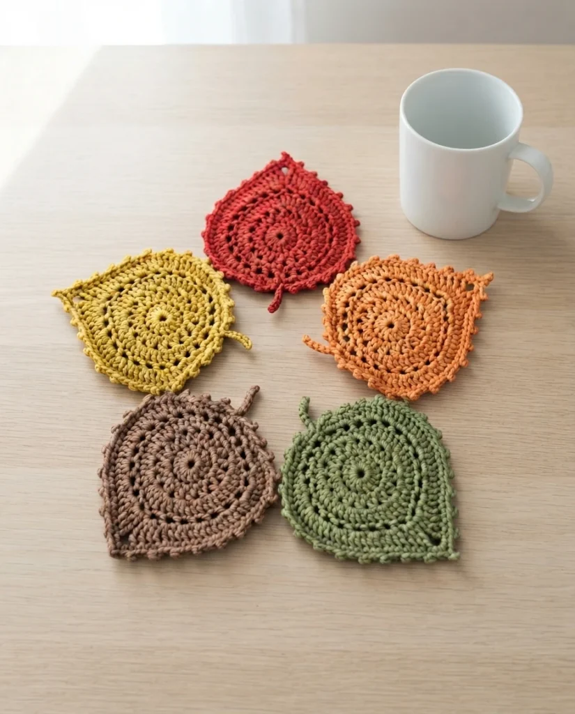 Five crocheted leaf-shaped coasters in red, mustard yellow, orange, brown and green arranged in a ring on a light wooden table beside a white mug.