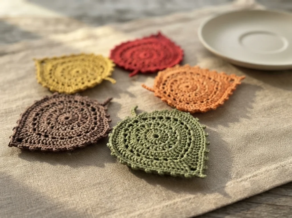 Five crocheted leaf-shaped coasters in red, mustard yellow, orange, brown and green arranged on a pale linen cloth, with a light ceramic saucer at the upper right.