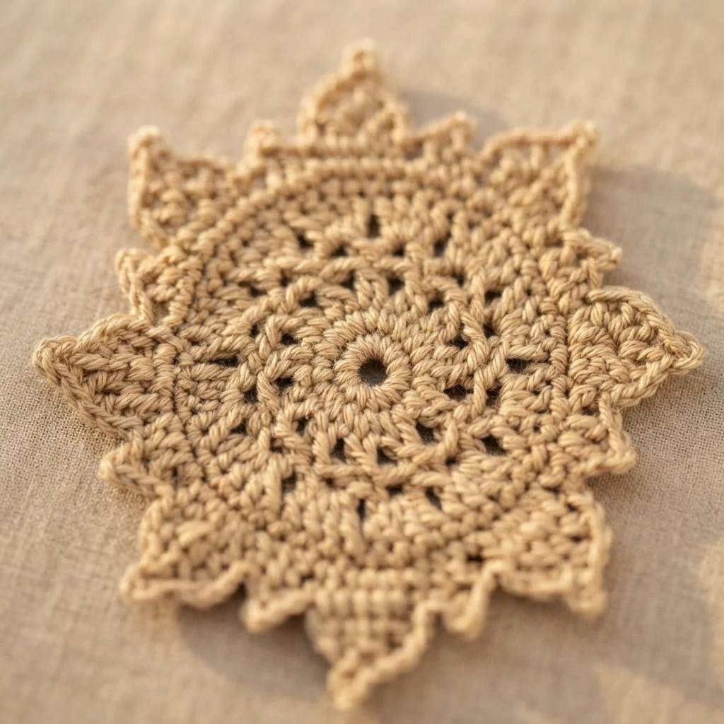 Crocheted tan star-shaped coaster with a small open center and pointed scalloped edges, resting on light beige linen fabric.