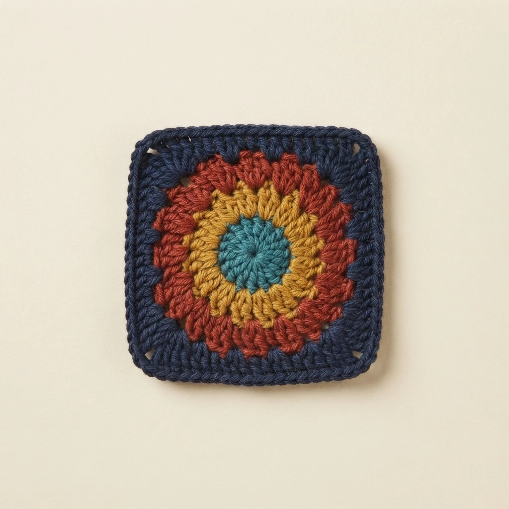 Single crocheted square motif with a round teal center surrounded by mustard and red rounds and a navy border, placed on a plain cream background