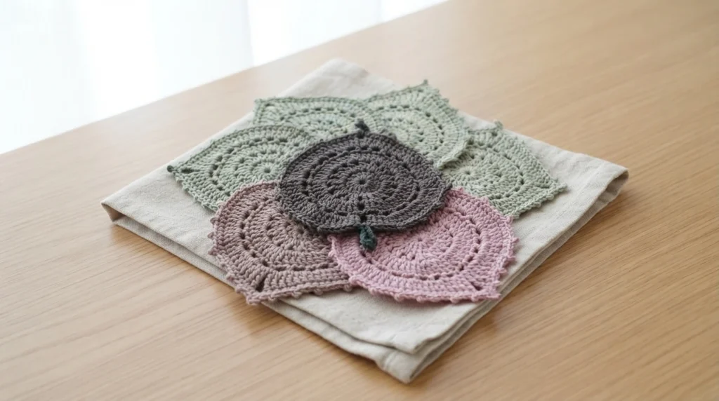 Crocheted leaf shaped coasters in sage green, dark grey and dusty pink, overlapping on a folded beige linen cloth on a light wooden table.