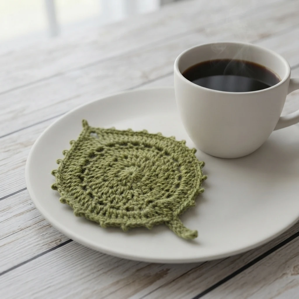 Single green crocheted leaf coaster with a scalloped edge and a short stem, resting on a white plate next to a cup of black coffee on a light wood table.