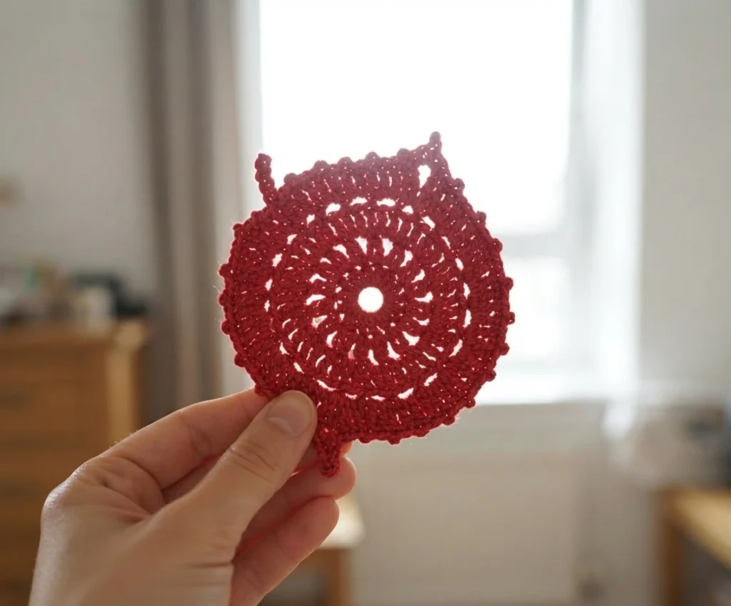 A hand holding a single red crocheted leaf-shaped coaster with an openwork spiral center, scalloped edges and a short stem, photographed against a bright window.