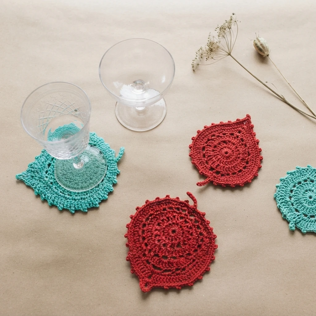 Crocheted leaf-shaped coasters in red and teal on a light beige surface, with two empty stemmed glasses, one standing on a teal coaster, and dried flower stems in the upper right.