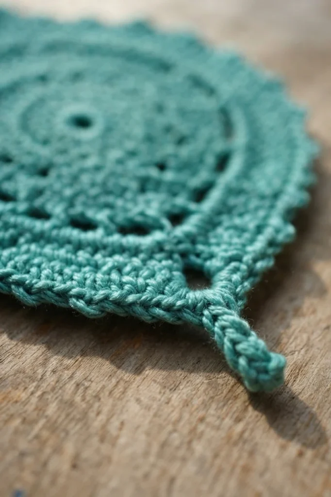 Close-up of a single teal crocheted leaf coaster with a short chain stem, resting on a weathered wooden surface with a softly blurred background.