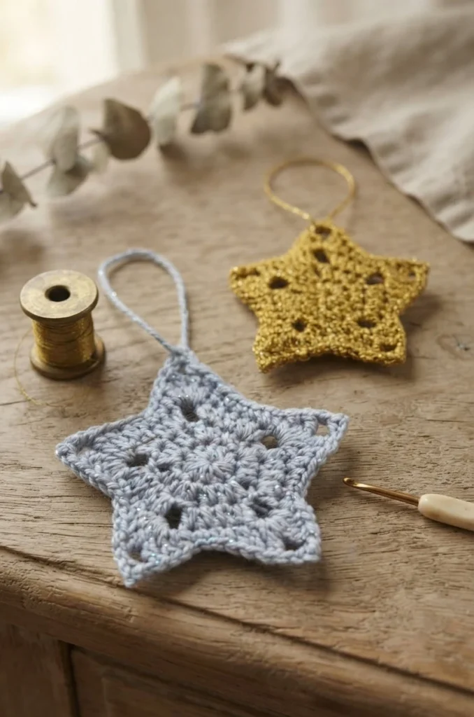 Deux étoiles de Noël crochetées, une grande argentée et une petite dorée, posées sur une table en bois avec un crochet et une bobine de fil.