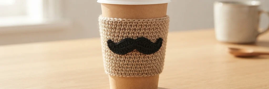 Finished crocheted coffee sleeve in light beige yarn with a black crocheted moustache sewn on the front, wrapped around a paper takeaway cup resting on a wooden table, with a white mug and a wooden spoon blurred in the background.