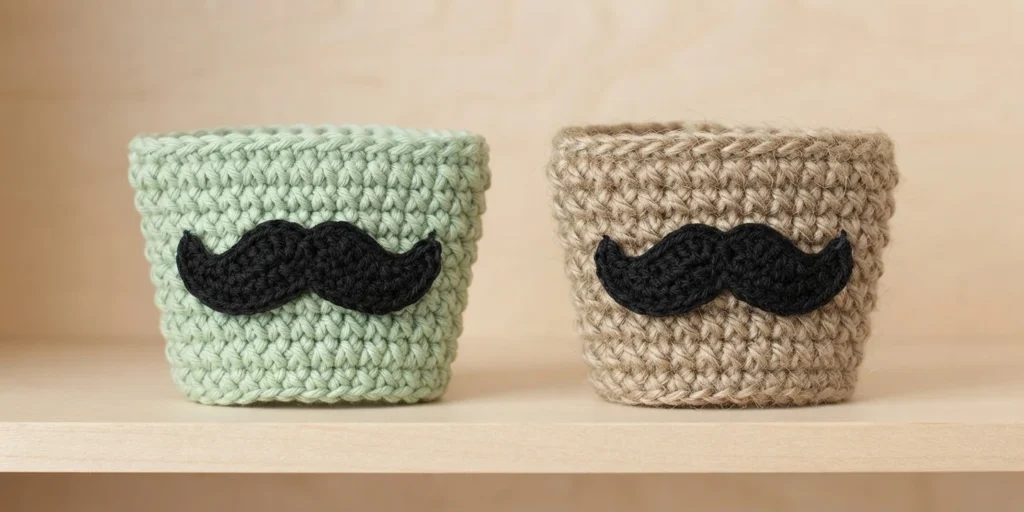 Two crocheted coffee cup sleeves side by side on a light wooden shelf, one pale green cotton sleeve and one beige hemp sleeve, each with a black crocheted moustache appliqued across the front.