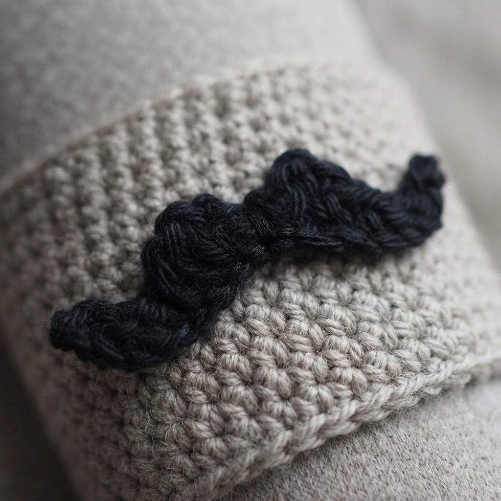 Black crocheted moustache applique with a curled shape resting on a beige crocheted sleeve against a soft grey background.