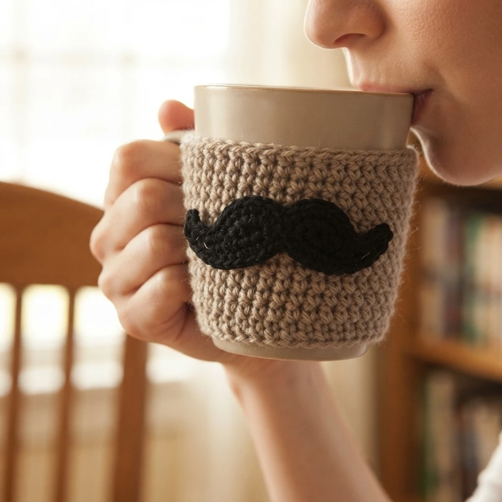 A person drinking from a ceramic mug wrapped in a beige crocheted sleeve with a black crocheted moustache sewn onto the front.