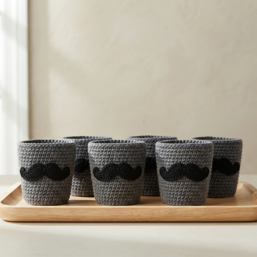 Six grey crocheted cup sleeves, each with a black crocheted moustache sewn on the front, standing in two rows on a light wooden tray against a plain beige wall.