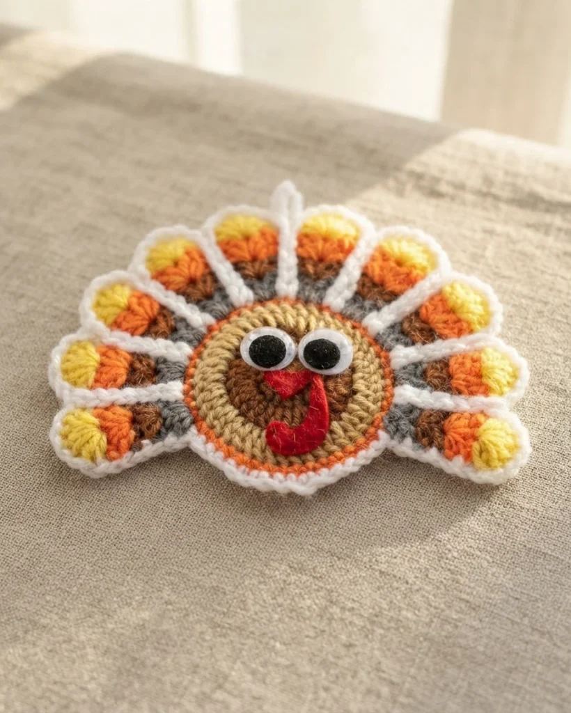 Single crochet turkey coaster on beige linen fabric, with a round brown and tan face, two googly eyes, a red felt wattle, and a fan of tail feathers in yellow, orange, grey and white outlined in white, with a small hanging loop at the top.