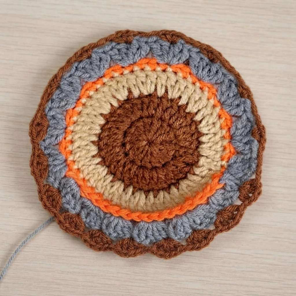 Crocheted circular turkey body motif in concentric rounds of brown, cream, orange, grey-blue and brown yarn, with a loose grey yarn tail, resting on a light wood surface