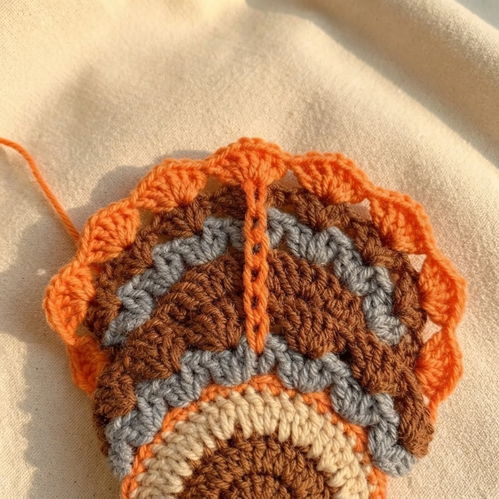 Close-up of a crochet turkey coaster in progress, with concentric rounds of brown, cream, grey and orange yarn and a scalloped orange outer edge, resting on plain beige fabric with a loose orange yarn end.