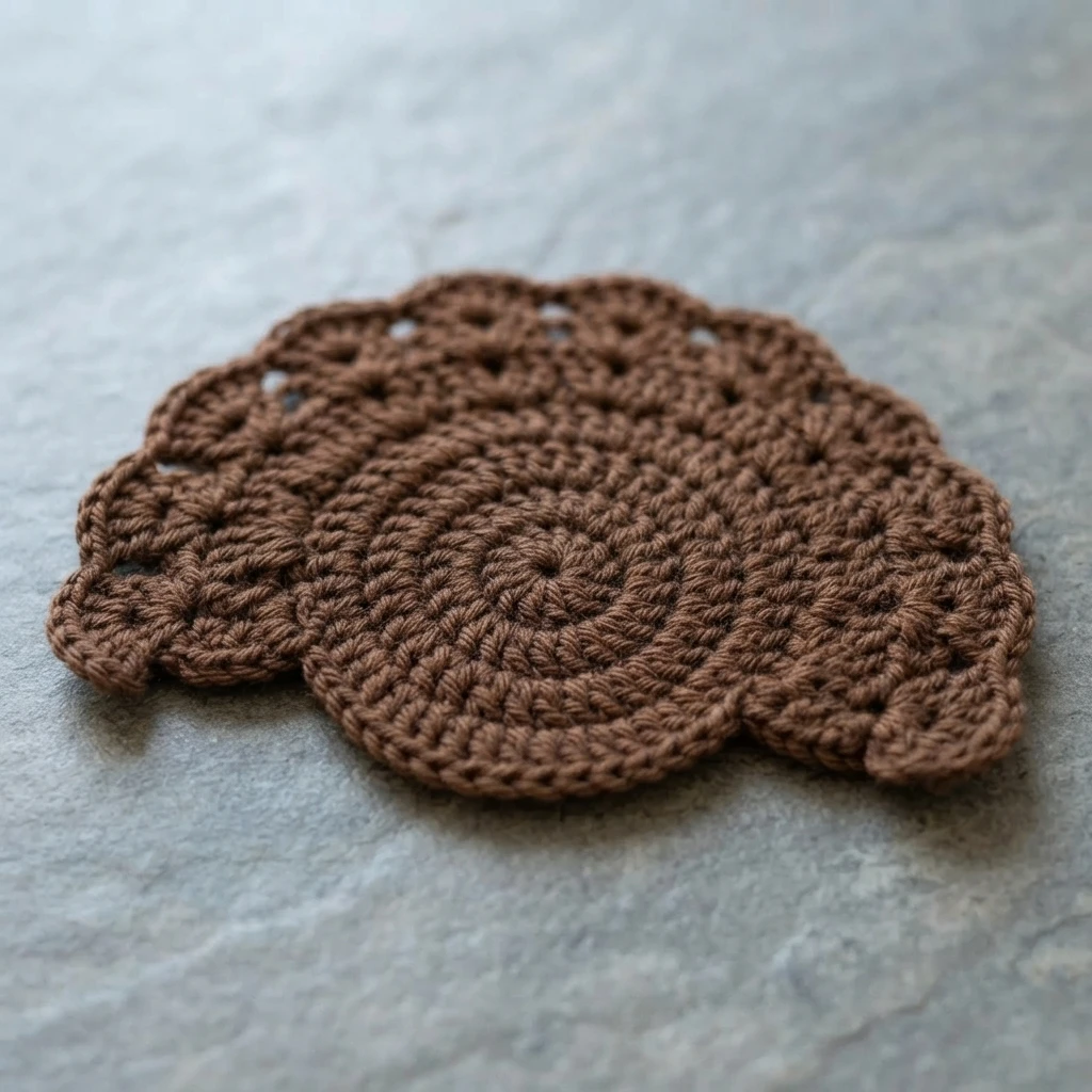 A single brown crocheted round coaster with a scalloped petal-like edge, lying flat on a gray textured stone surface.