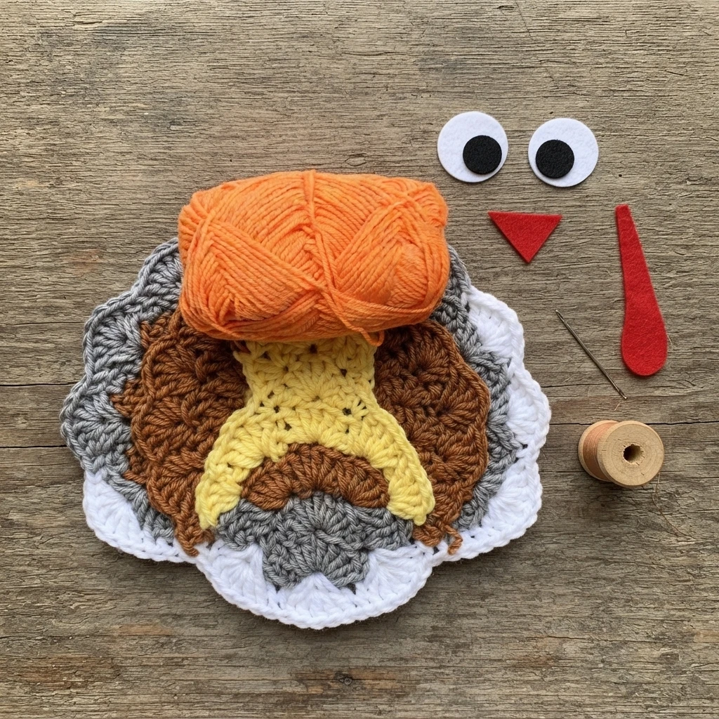 Crochet turkey coaster body in brown, yellow, grey and white yarn lying flat on a wooden table, with an orange ball of yarn, two googly eyes, red felt beak and snood pieces, a sewing needle and a small wooden spool of thread arranged beside