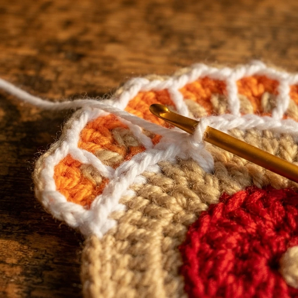 Close-up of a gold crochet hook working white yarn along the scalloped edge of a crocheted turkey coaster, with orange, beige and red sections visible on a dark wooden surface.