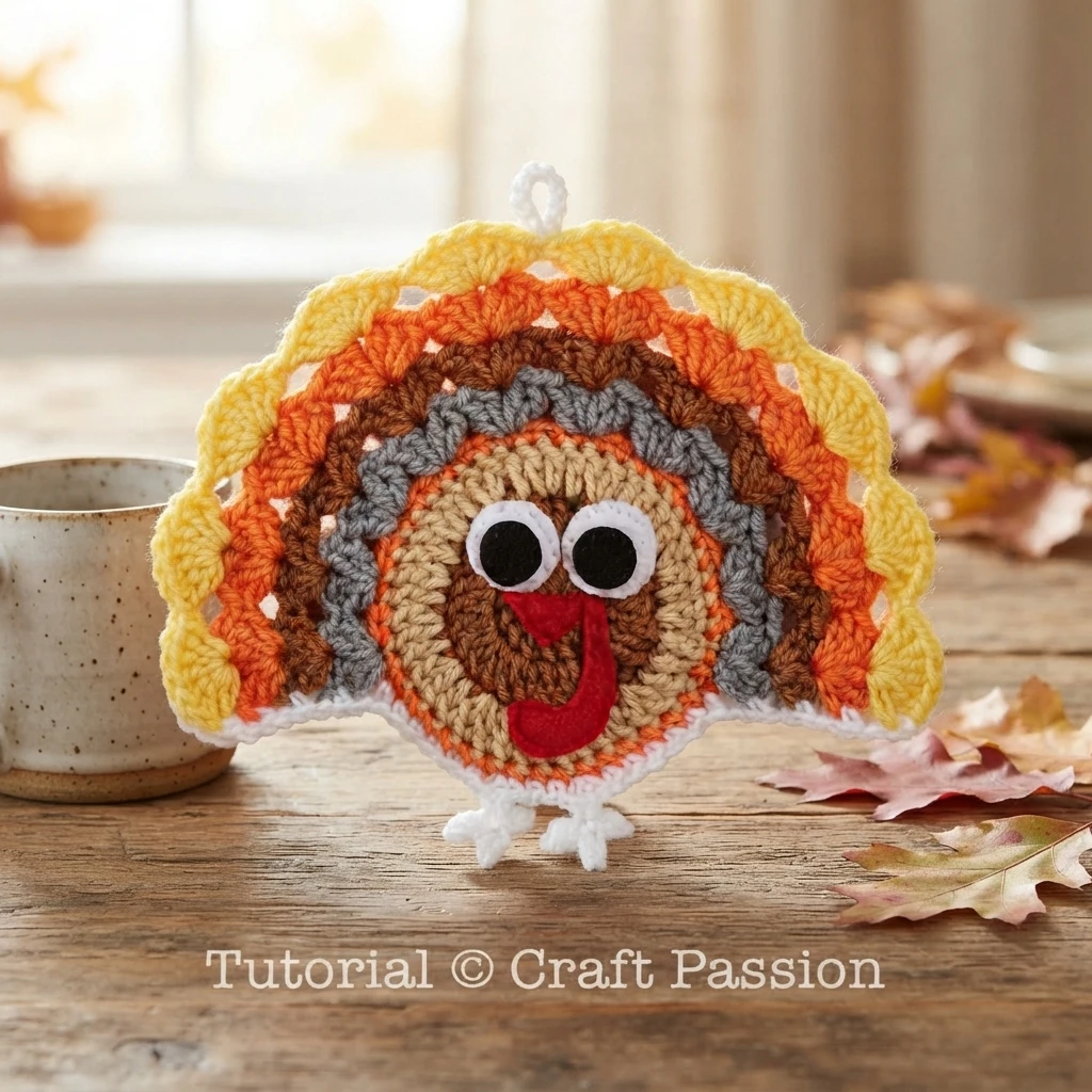 Crochet turkey coaster with a fan shaped tail worked in yellow, orange, brown and grey bands around a beige face, googly eyes, a red beak and snood, white feet and a small hanging loop, standing on a wooden table next to a speckled ceramic
