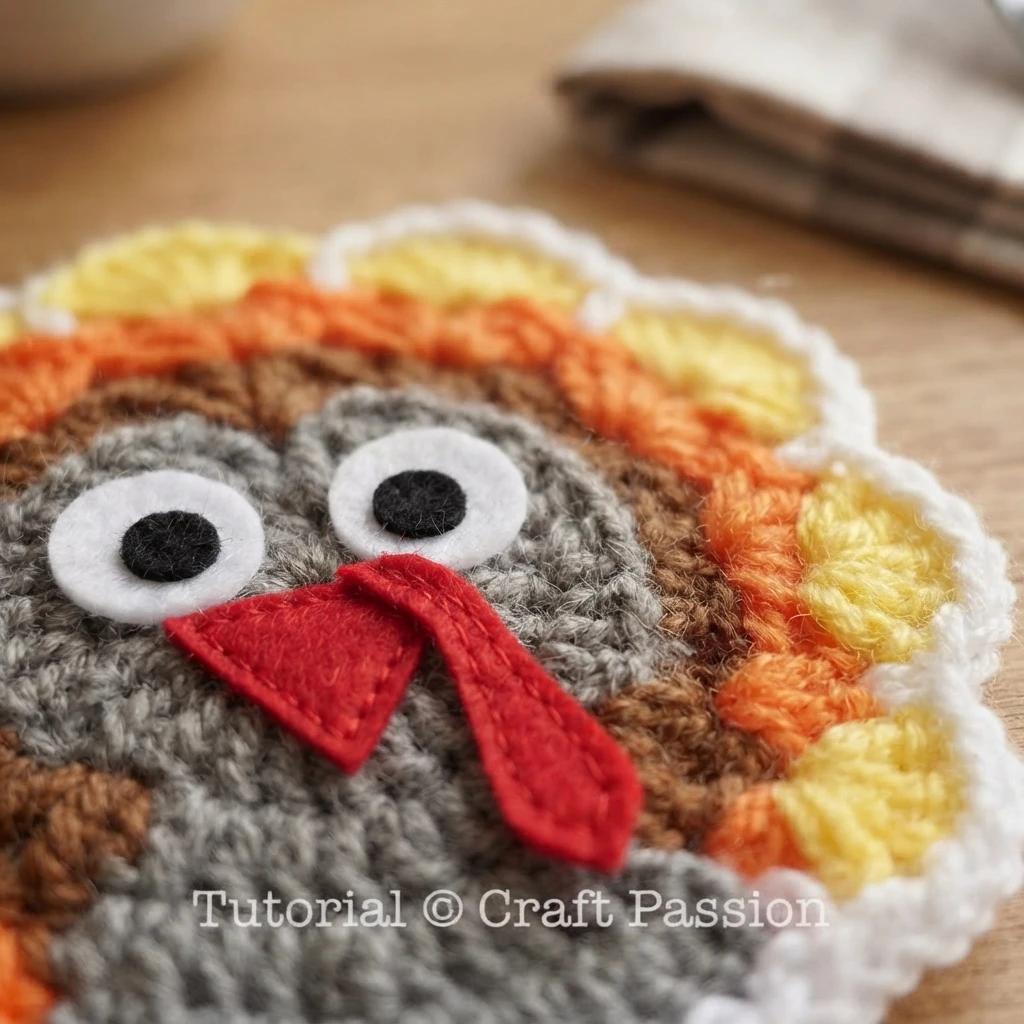 Close-up of a crochet turkey coaster showing a grey and brown center, felt eyes, a red felt beak and snood, and a white scalloped border with orange and yellow tail sections.