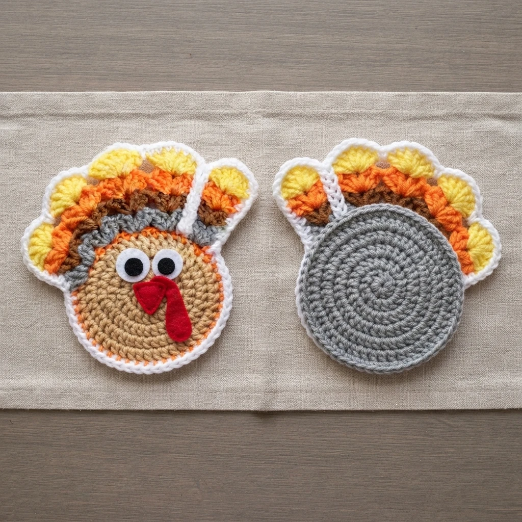 Two crochet turkey coaster pieces laid flat on woven fabric: a finished front piece with googly eyes, a red felt beak and snood and a fan tail striped in yellow, orange, brown and grey, beside the plain grey spiral back piece with the match