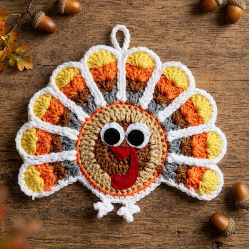 Crocheted turkey coaster with fan-shaped tail feathers in yellow, orange, brown, gray and white, a brown and beige round body, googly eyes, red felt beak and wattle, a hanging loop on top and two small feet at the bottom, resting on a rusti