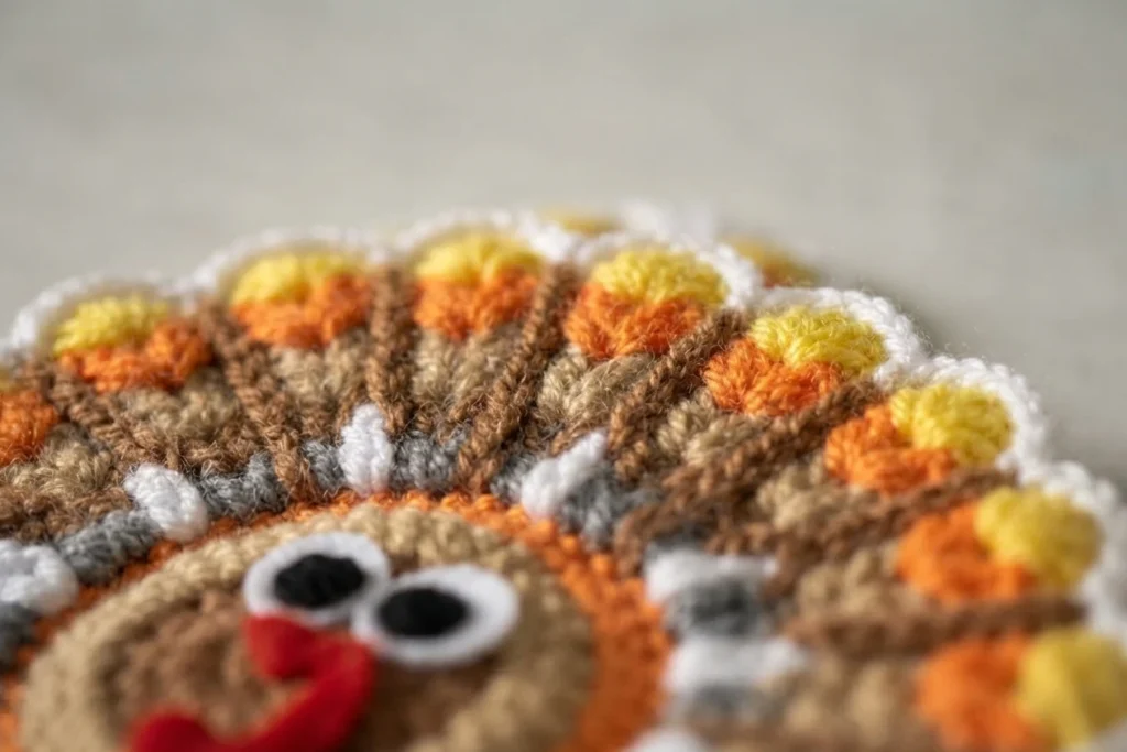 Close-up of a crocheted turkey coaster showing a fan-shaped tail in brown, orange, yellow, white and gray, with googly eyes and a red felt wattle on a softly blurred background.