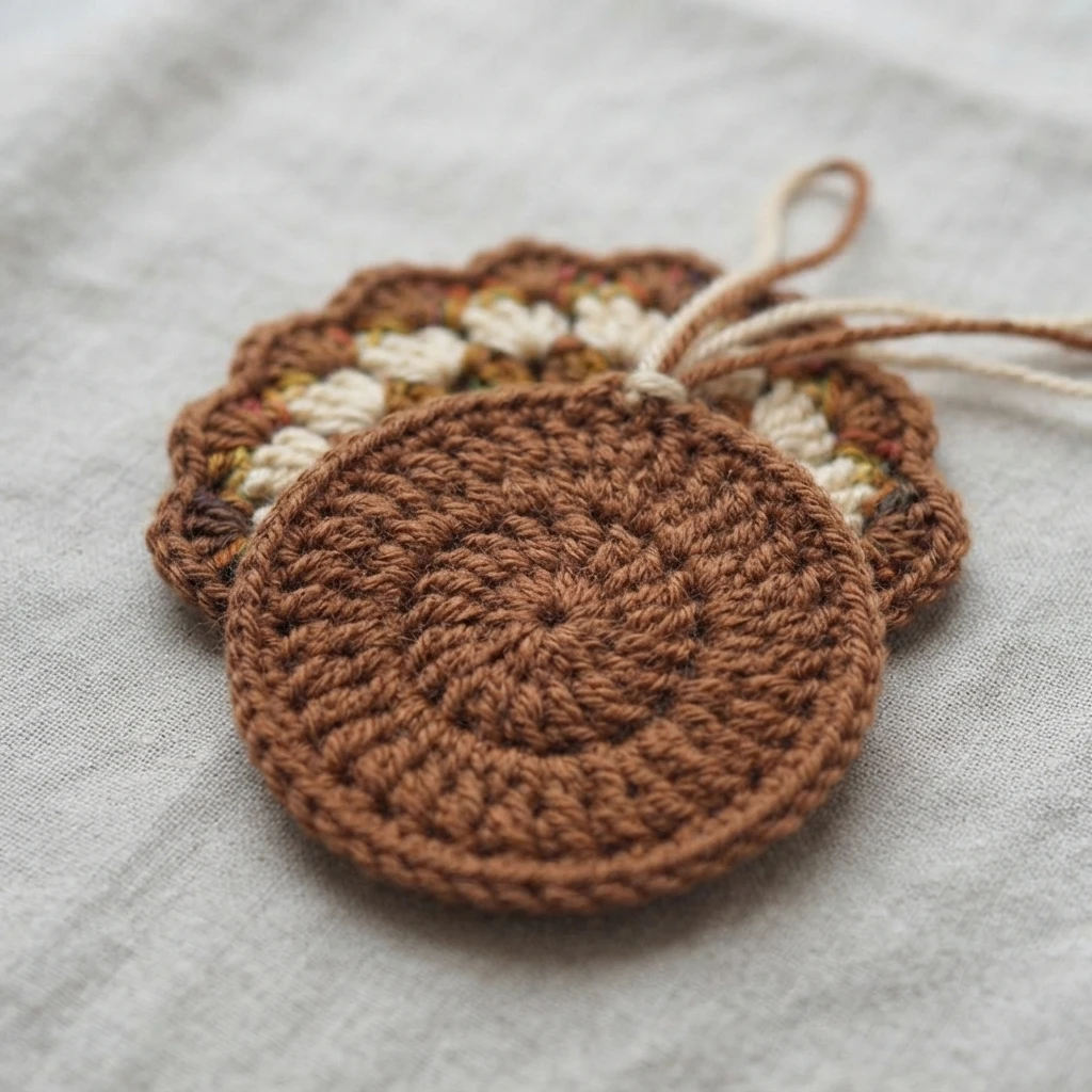 Close view of a round crocheted piece in solid brown with a hanging loop, resting on top of a scalloped crochet base in brown, cream and olive tones, photographed on grey linen fabric.