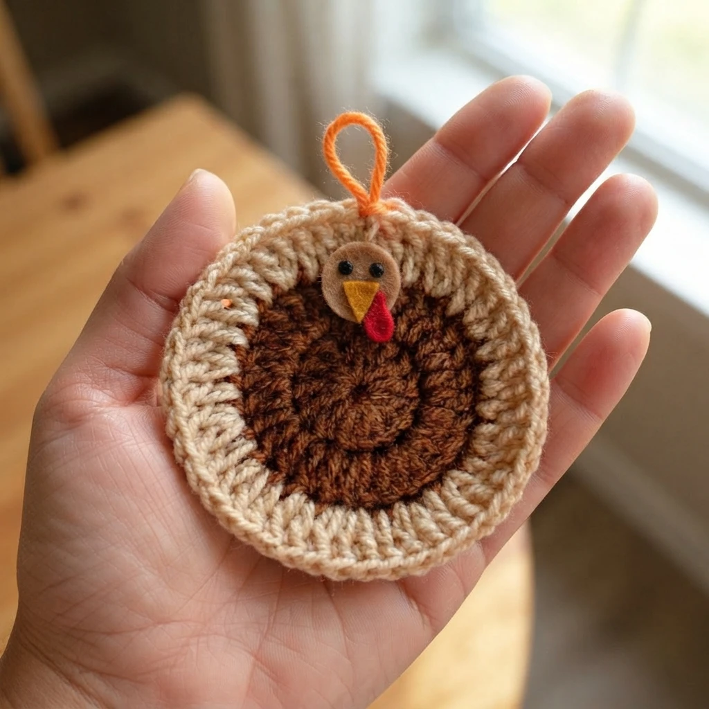 A hand holds a small round crocheted turkey coaster with a brown center, a tan border, a felt head with black bead eyes, an orange beak and a red wattle, topped with an orange yarn hanging loop.