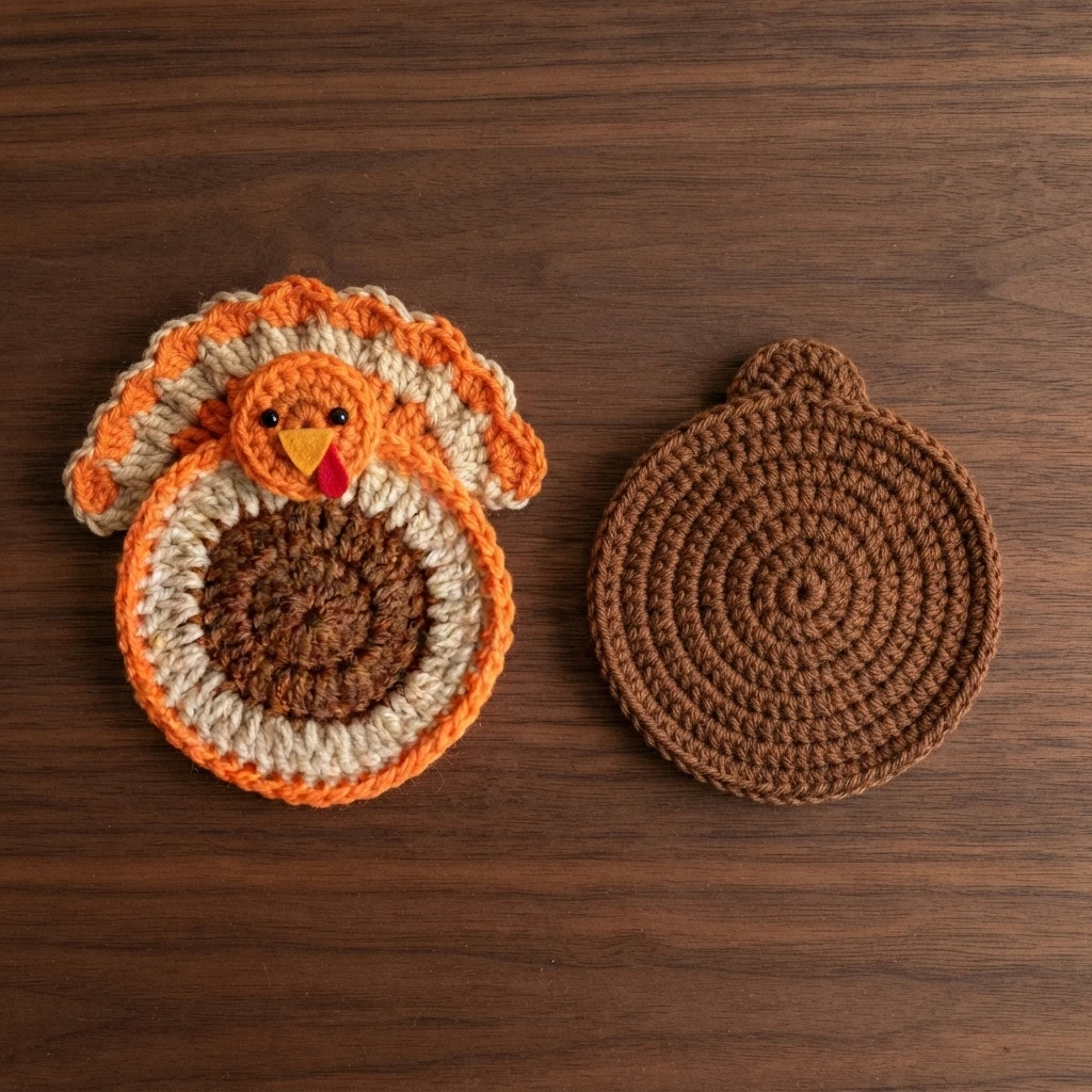 Two crocheted pieces on a wood surface: a turkey coaster with an orange, cream and brown fanned tail, dark round eyes, a small orange beak and a red wattle, next to a plain brown crocheted circle with a small loop at the top.