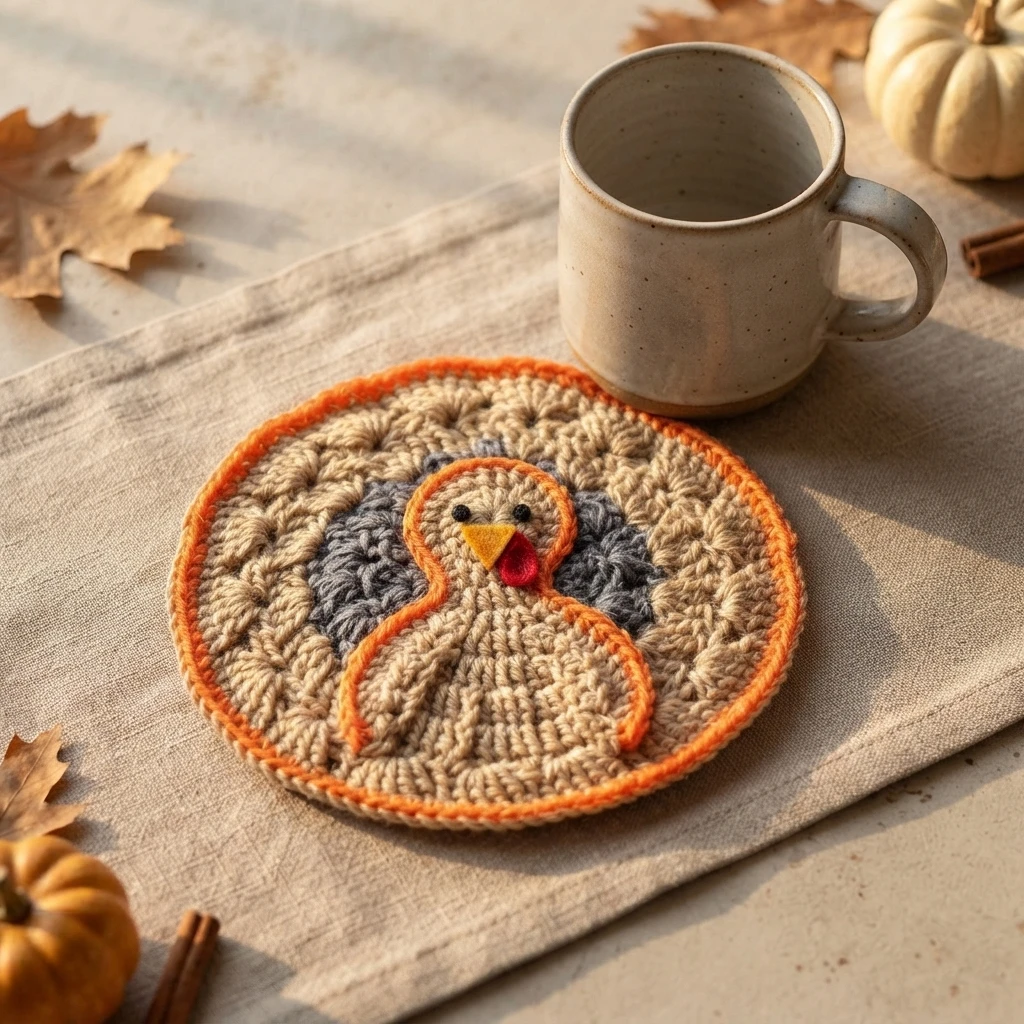 Round crocheted coaster with a turkey motif in beige and grey, outlined in orange, with a yellow beak, red wattle and small black bead eyes, resting on a linen cloth beside a speckled mug, small pumpkins, cinnamon sticks and autumn leaves.