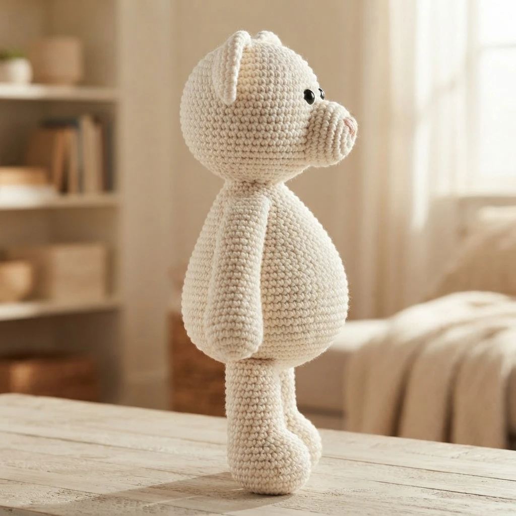 Off-white crochet bear with black eyes and pink nose, standing in profile on a wooden table in a bright room