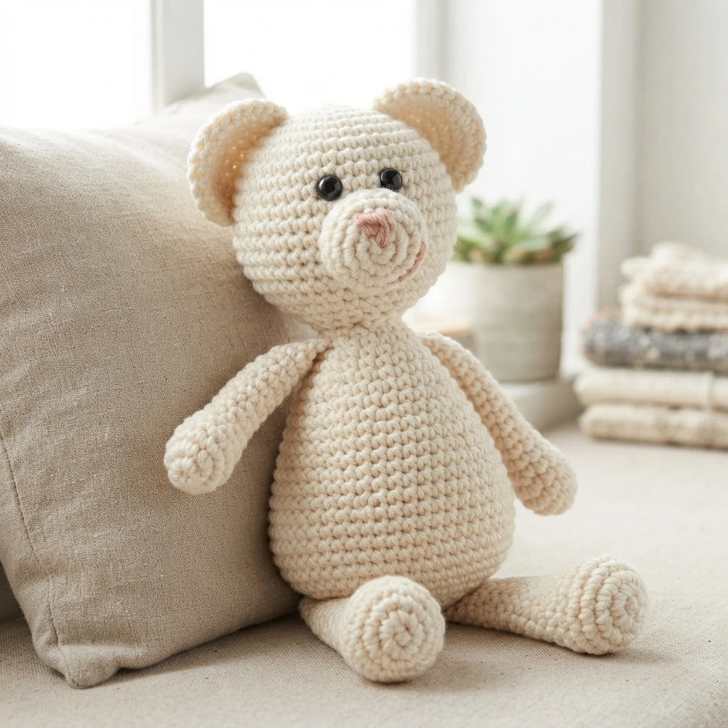 Off-white crochet bear with black safety eyes and an embroidered pink nose and mouth, sitting on a light sofa next to a cushion.
