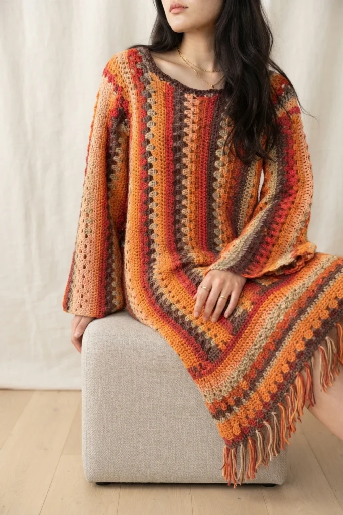 Une femme assise porte un vêtement crocheté ample à rayures orange, rouges, brunes et crème, avec des franges au bas.