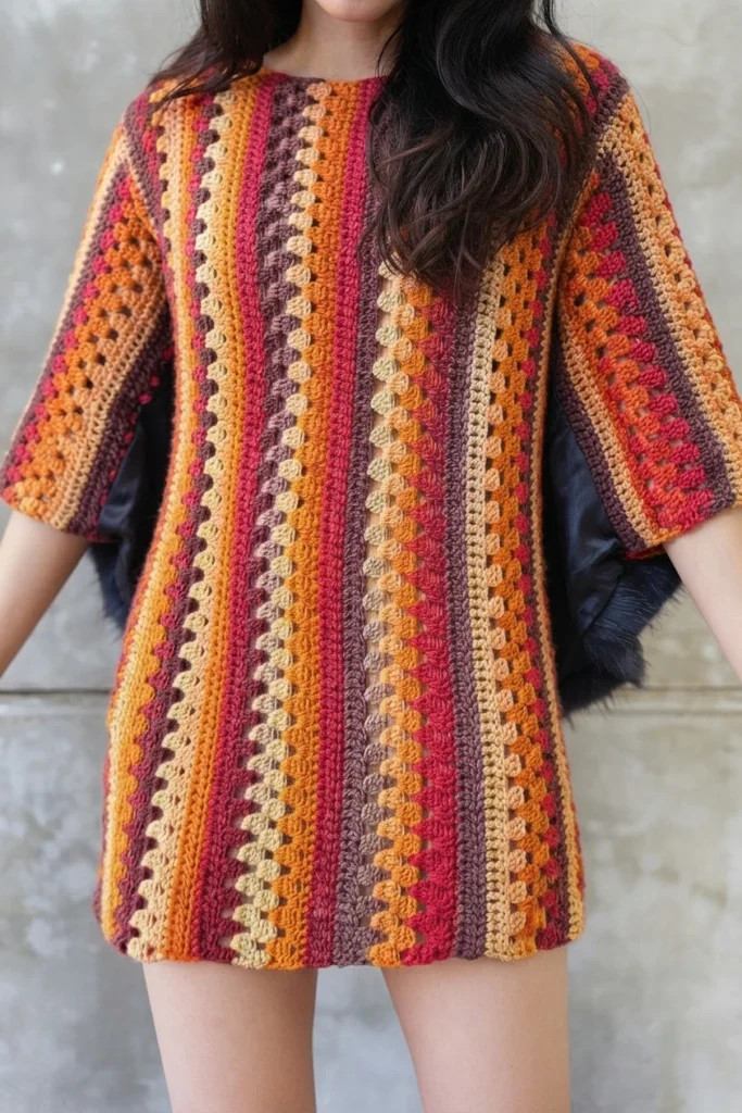 Une personne porte une robe au crochet ample, à manches larges et à bandes verticales dans des tons orange, rouges, crème et prune.