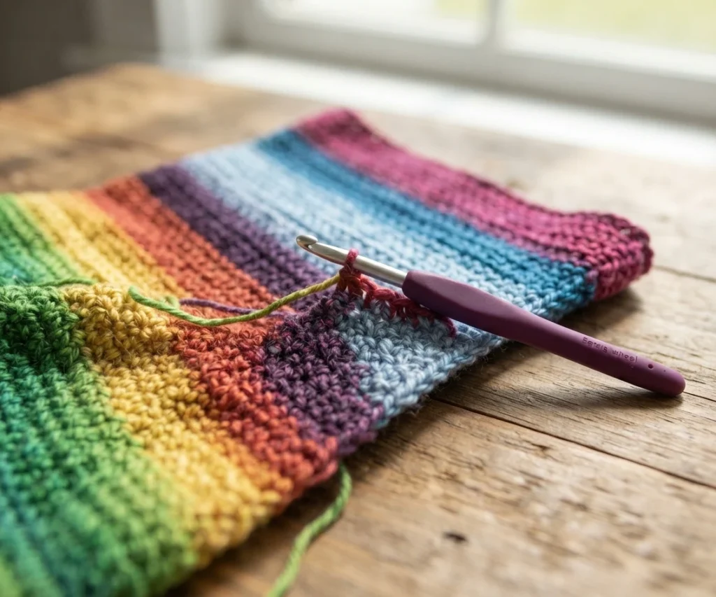 Un crochet à manche violet posé sur un ouvrage crocheté aux rayures multicolores, avec un fil vert qui dépasse.