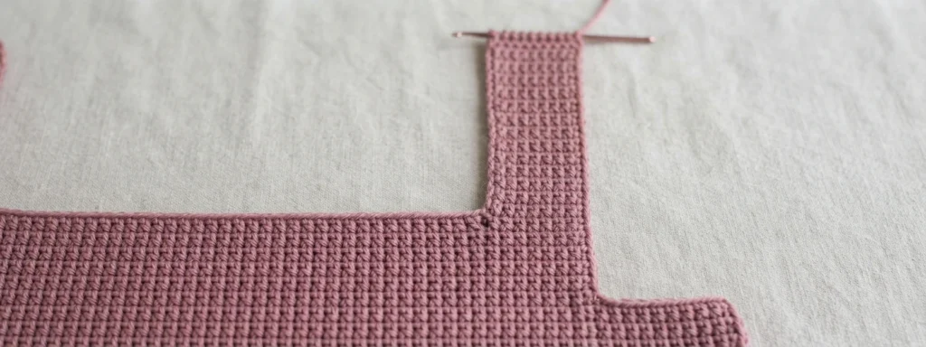 Close-up of a pink crocheted panel with a narrow strap in progress and a crochet hook across its top.
