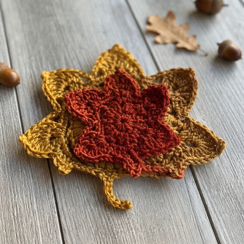 Two overlapping crocheted autumn leaves, one rust red and one golden brown, on a pale wooden surface with acorns and a dried leaf nearby.