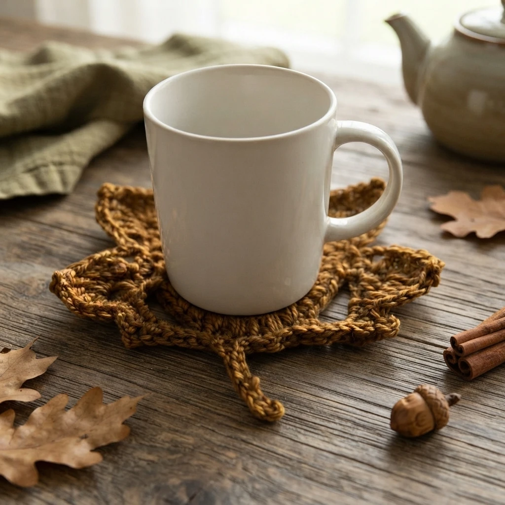 A white mug sits on a brown crocheted leaf-shaped coaster on a wooden table, with autumn leaves and cinnamon sticks nearby.