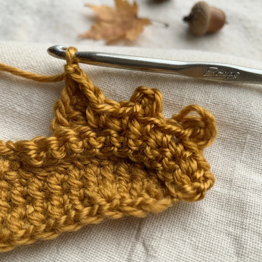 Close-up of mustard-yellow crochet with a metal hook resting above a raised, looped edge.