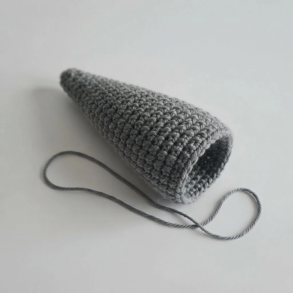 Gray crocheted cone shaped tail piece for a shark amigurumi, open at the wide end, with a long gray yarn strand, resting on a plain white surface